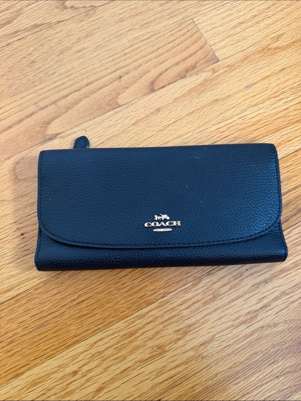 Coach Black Pebbled Leather Continental Wallet with Gold Logo